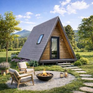 14'x16' A Frame Cabin Plan, Triangular Tiny House Building Blueprints with Loft side view
