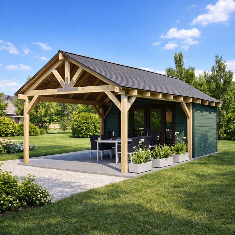 Farmhouse Pavilion Plans, 14'x26' Timber Frame Pool House Blueprints, Backyard Shed - side visual