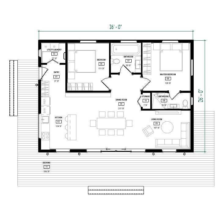 26’x36’ Lean Cabin Architectural Full Set Plan, Modern Cottage Construction Blueprints with Porch floor plan