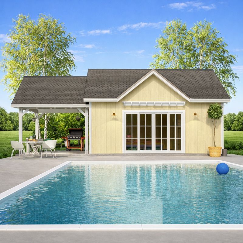 Pool House Plan with Loft & Covered Porch: Country Garden Shed front visual