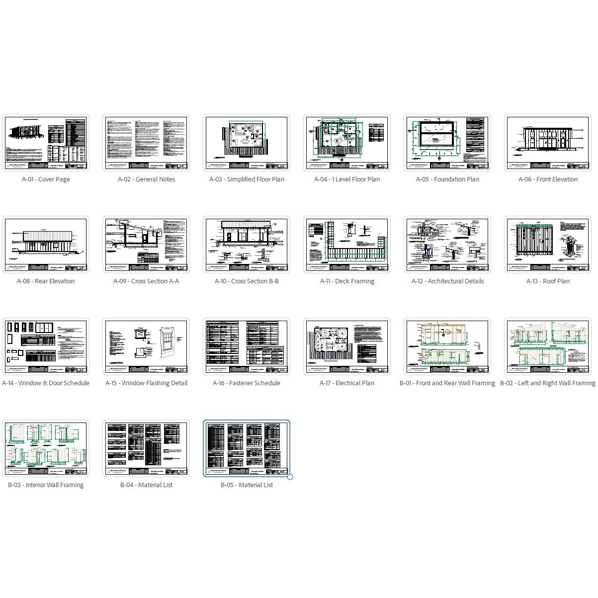 26’x36’ Lean Cabin Architectural Full Set Plan, Modern Cottage Construction Blueprints with Porch
