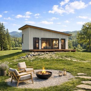Modern Tiny House Plan, 607 SF Cottage Blueprints with Single Pitch Roof