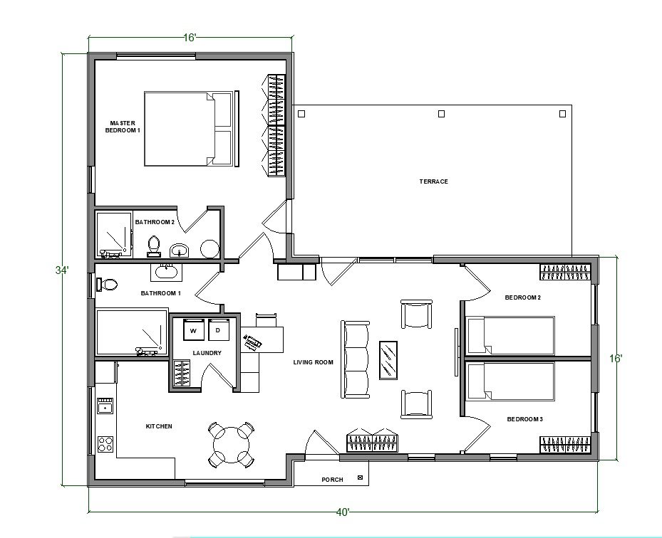 3 Bedroom Cottage Plans, 1204 sq ft Ranch Style House Floor plan