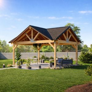 3 Gable Backyard Pavilion plans-Post and Beam Covered Patio Construction Blueprints patio
