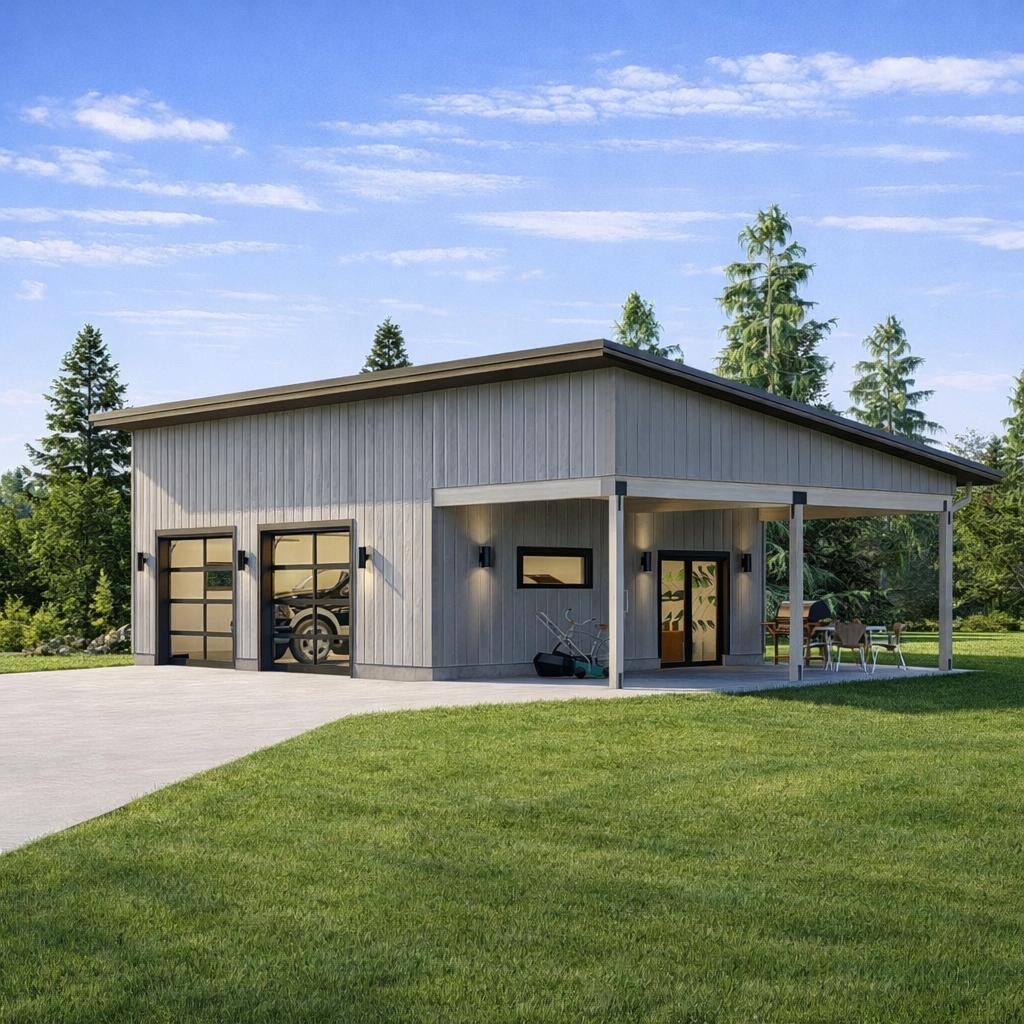 2 Car Garage Plan with Carport – Modern Design side