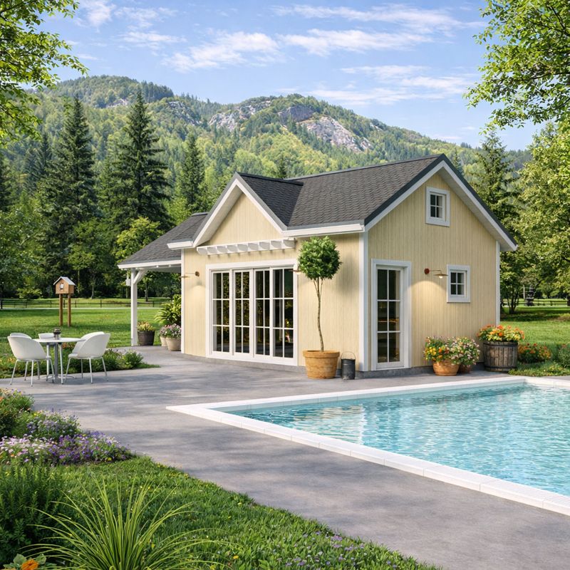 Pool House Plan with Loft & Covered Porch: Country Garden Shed side visual