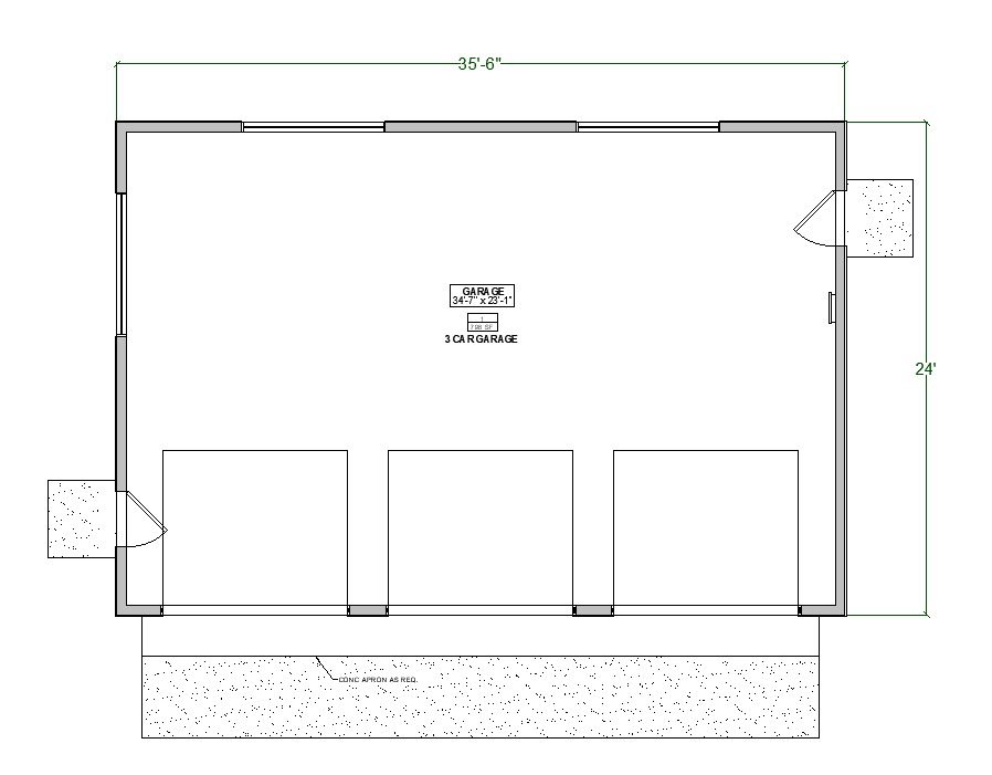 3 Car Modern garage plans, 35'-6''x 24' Contemporary Style Garage Architecture Blueprints floor plan