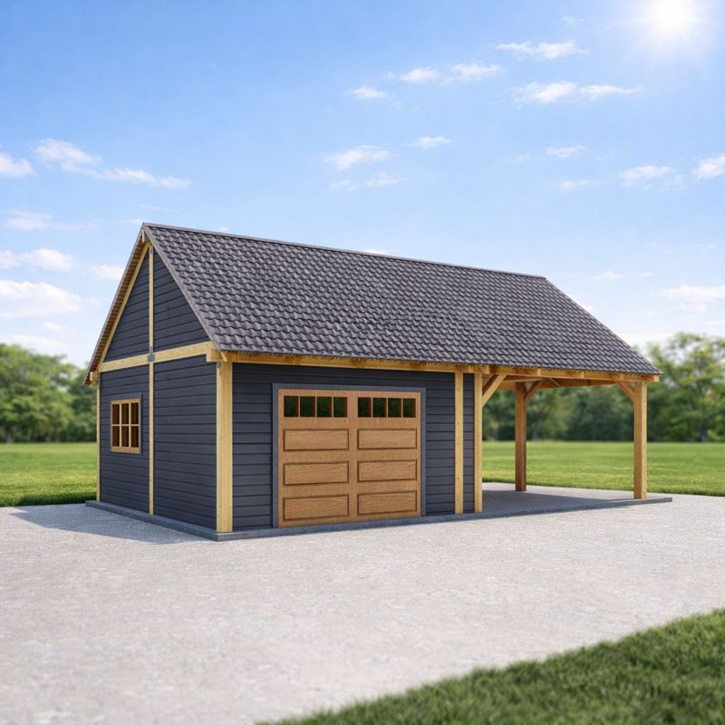 Massive Post and Beam Garage plan with Carport side view