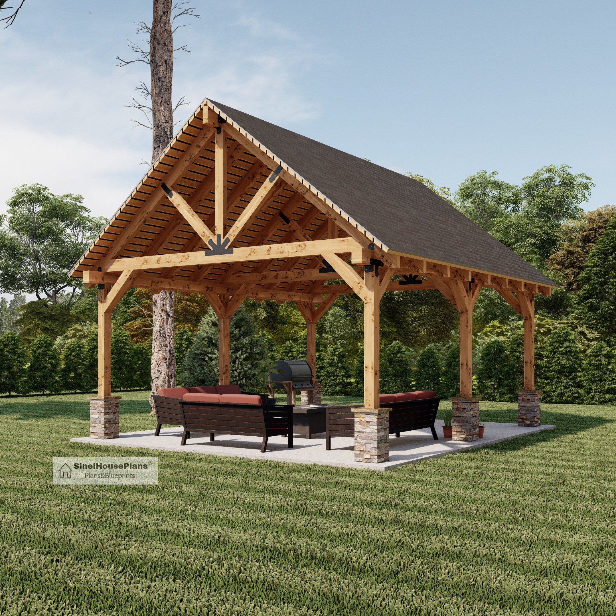 16'x20' Garden Pavilion Plans , Outdoor Gazebo Blueprints , Traditional Style Carports - side visual