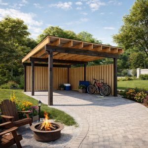 Modern Carport Plans, 14'x18'-6'' Lean to Pavilion Blueprints, One Car Easy-to-Follow Carport Garage front visual