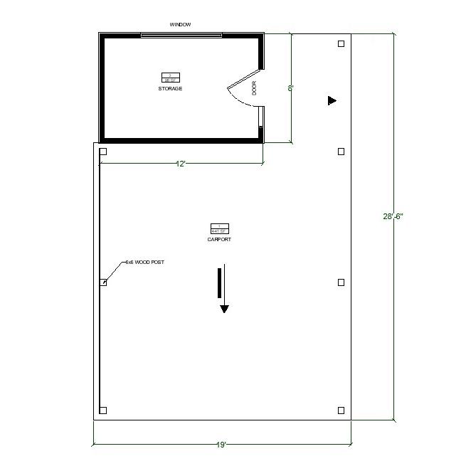 Modern Carport Plans with Storage Shed, 19'x28'-6'' Lean to Pavilion Construction Blueprint floor plan