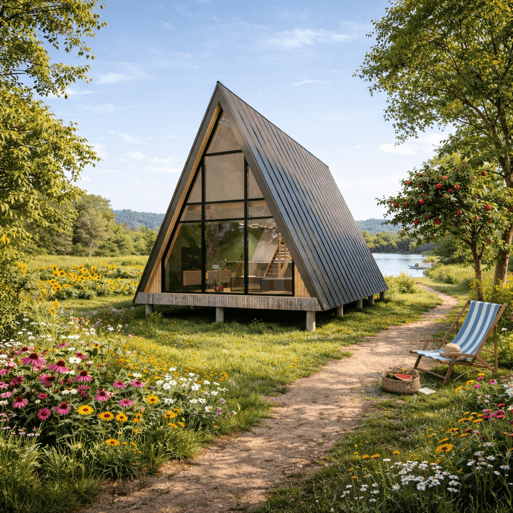 A Frame Cabin Plans with loft 16'x30' Cottage Building Drawings, Triangular house