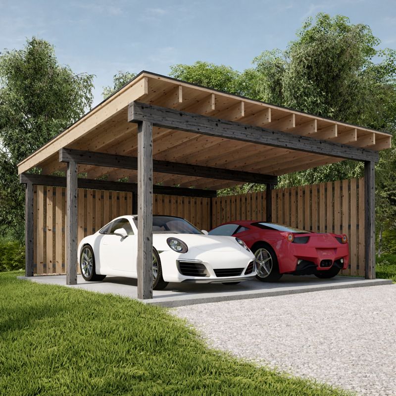 20'x20' Modern Carport Plan: 2-Car Pavilion Blueprints side visual