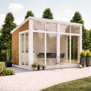 Modern Garden Greenhouse Construction Plan, 10'x14' Pool Shed front visual