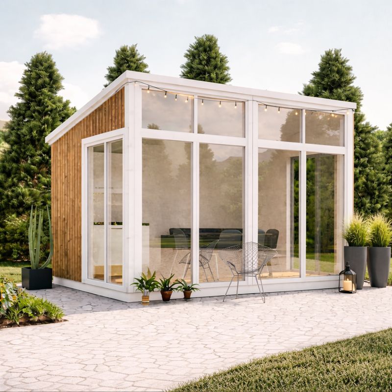 Modern Garden Greenhouse Construction Plan, 10'x14' Pool Shed front visual