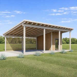 Modern Carport Plans with Storage Shed, 19'x28'-6'' Lean to Pavilion Construction Blueprint side visual