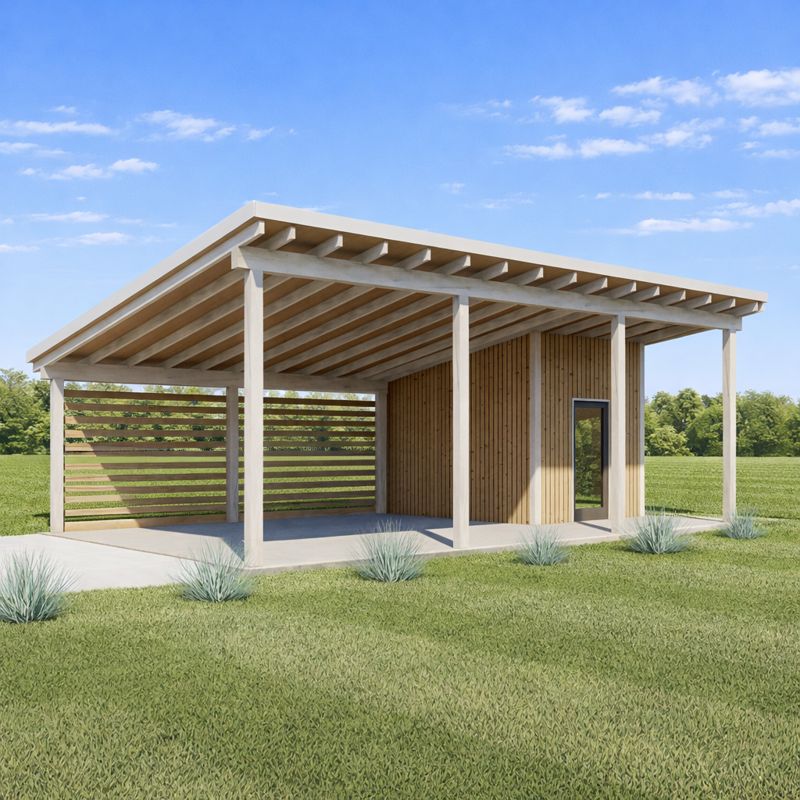 Modern Carport Plans with Storage Shed, 19'x28'-6'' Lean to Pavilion Construction Blueprint side visual