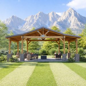 Garden Barn Pavilion Plan with Double roof , 26'x16' Timber Frame Covered Patio Blueprints front visual