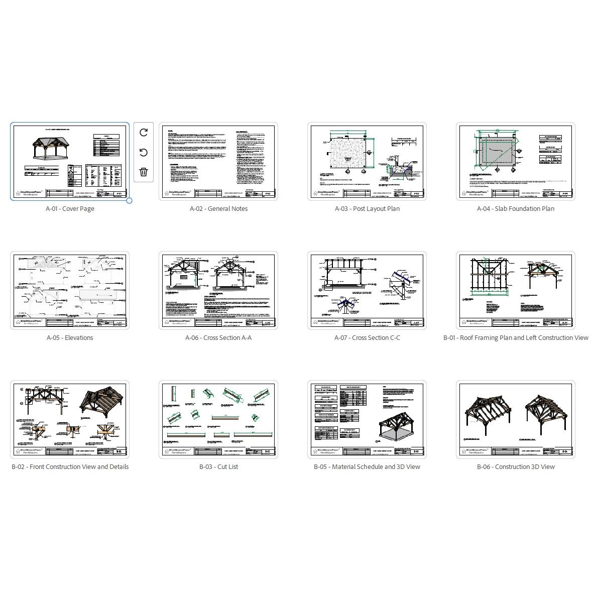 3 Gable Backyard Pavilion plans-Post and Beam Covered Patio Construction Blueprints