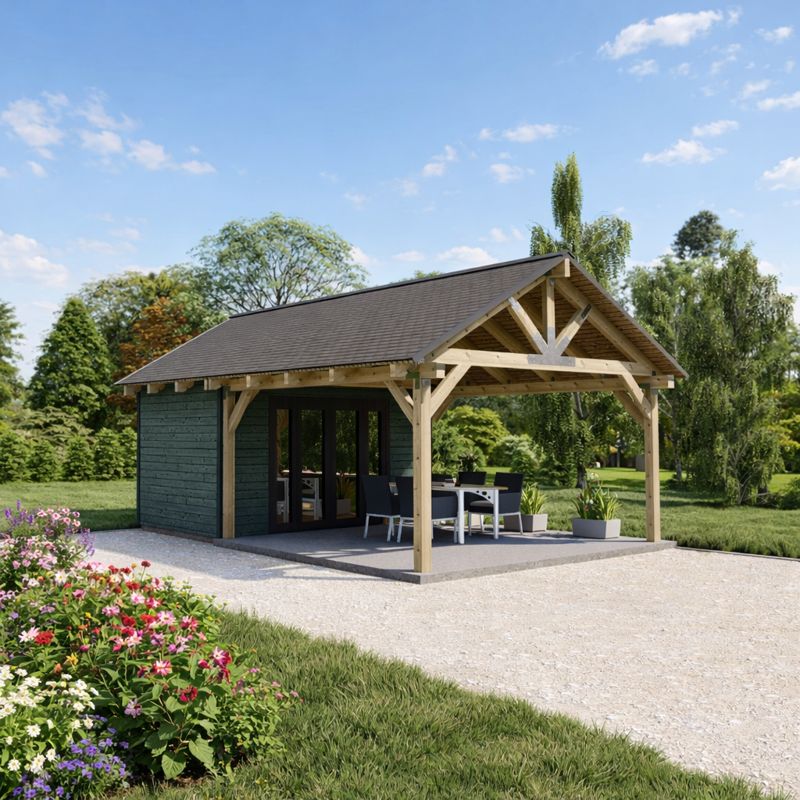 Farmhouse Pavilion Plans, 14'x26' Timber Frame Pool House Blueprints, Backyard Shed visual