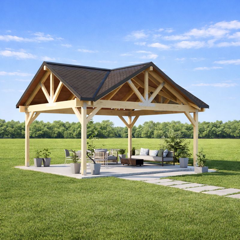 3 Gable Backyard Pavilion plans-Post and Beam Covered Patio Construction Blueprints visual