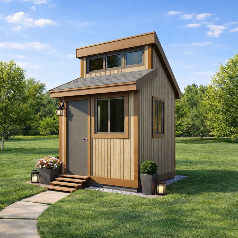 8'x 8' Potting Garden Shed Plans: Outdoor Storage Blueprints with Workbench front