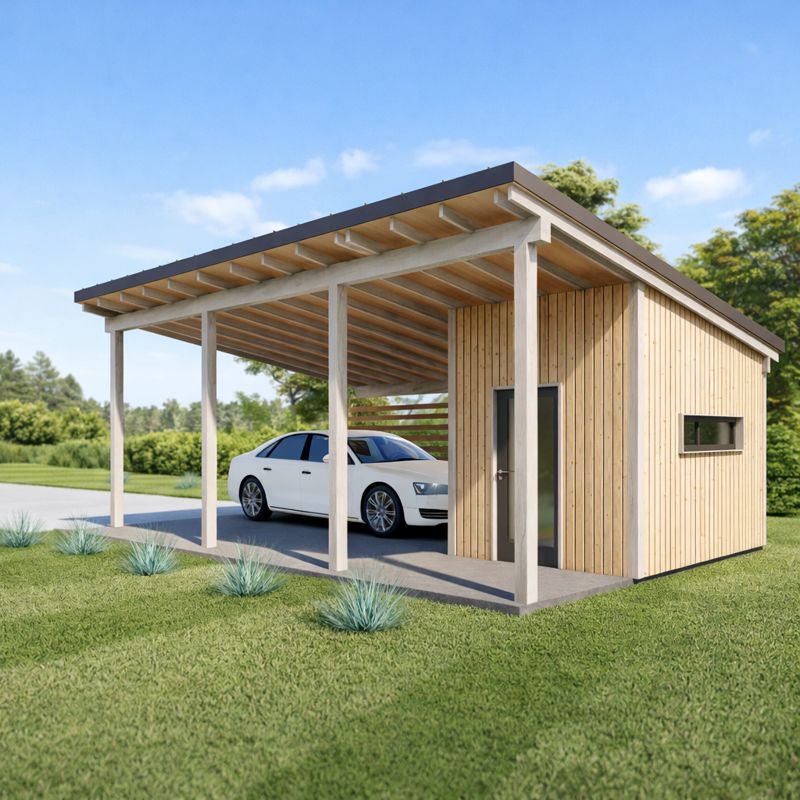 Modern Carport Plans with Storage Shed, 19'x28'-6'' Lean to Pavilion Construction Blueprint visual