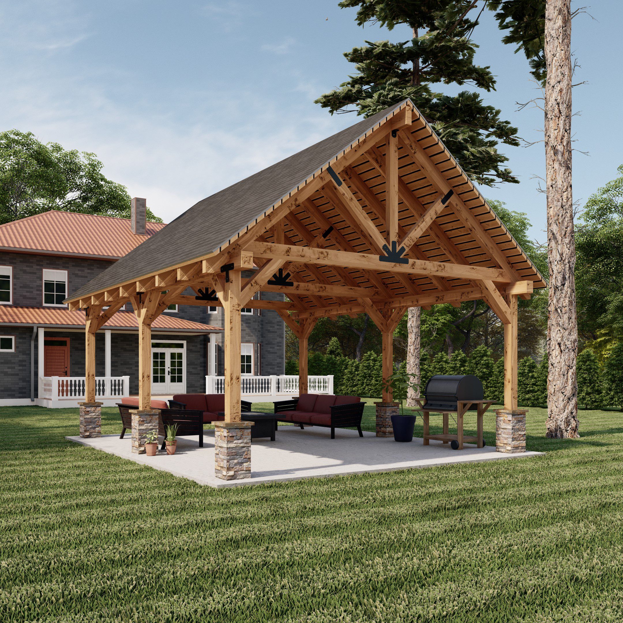 16'x20' Garden Pavilion Plans , Outdoor Gazebo Blueprints , Traditional Style Carports - front visual