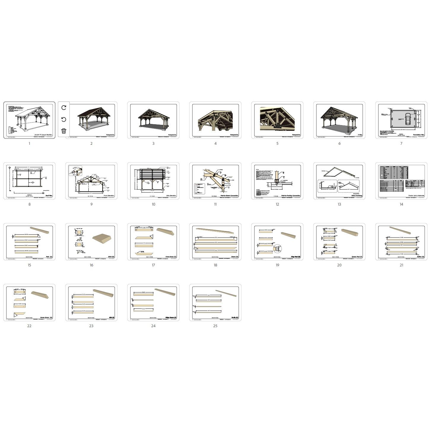 30'x20' Heavy Timber Carport plan, Gable Pavilion Blueprints