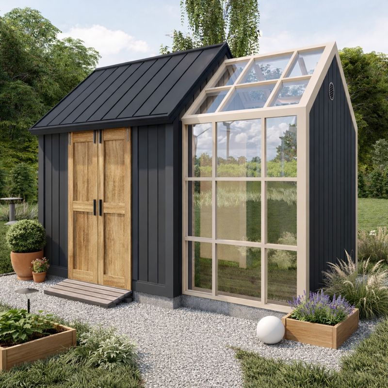 8'x13' Small Garden Greenhouse Shed plans, Wood Construction Glass Greenhouse side visual