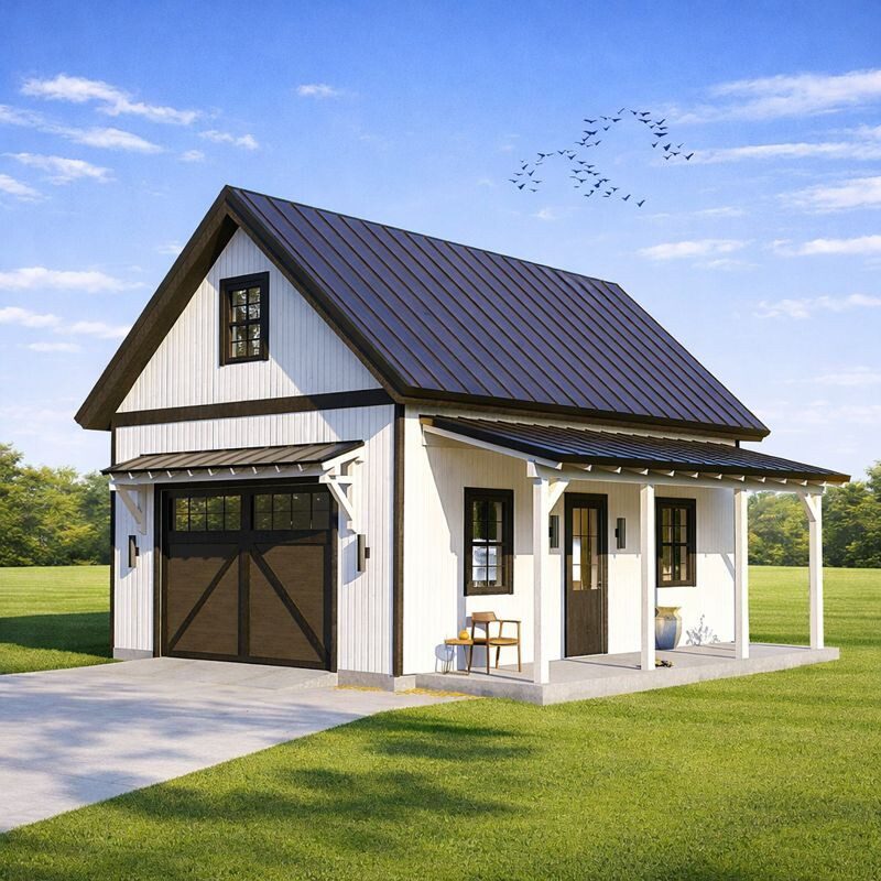 One Car Garage Plans with Loft & Covered Porch