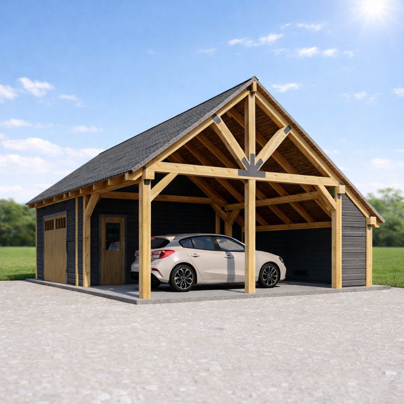 Massive Post and Beam Garage plan with Carport front visual