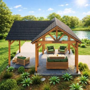 3-Gable Timber Frame Pavilion Plan, Outdoor Living Space Gazebo Design from above