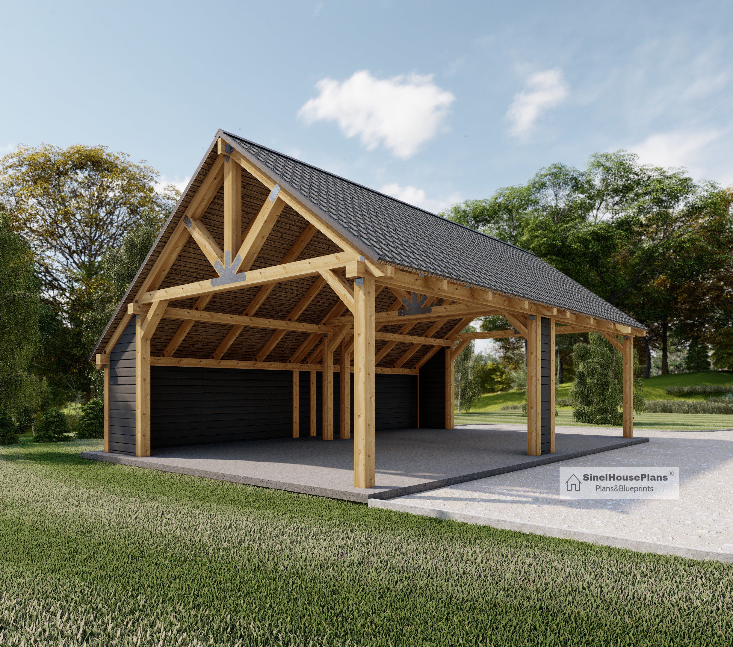 Timber Frame Carport Plan: 34'x22' Gable Pavilion Blueprints side view