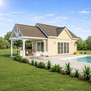 Pool House Plan with Loft & Covered Porch: Country Garden Shed from side