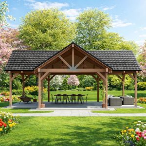 Gable Pavilion plan, 643 SF Gazebo Construction Blueprint, Timber Frame Pavilion front visual