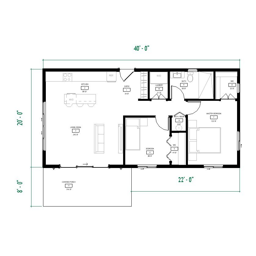 Cozy 2 Bedroom Cabin Plan with Covered Porch-20'x40' Cottage Blueprints - Image 2